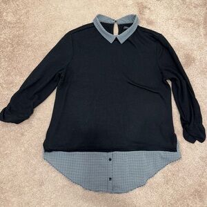 Suzy Shier Black/White Blouse Top with Houndstooth Collar & Shirt Bottom Large